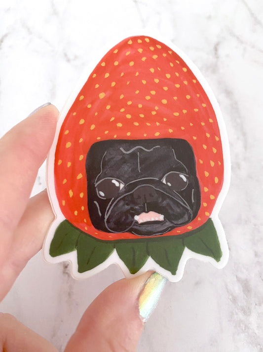 Strawberry Pug - Black - Pug Vinyl Sticker