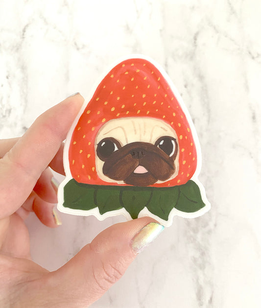 Strawberry Pug - Fawn - Pug Vinyl Sticker
