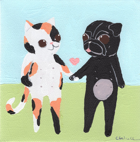 Cat And Pug Are Friends - Art Treats #138 - Original Painting