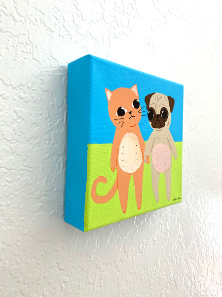 Cat And Pug Are Friends - Art Treats #101