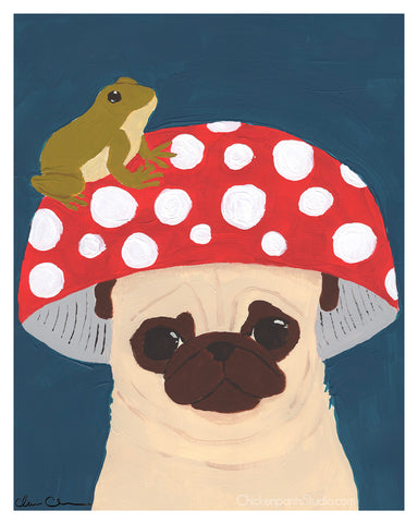 Mushroom & Frog & Pug -  Pug Art Print