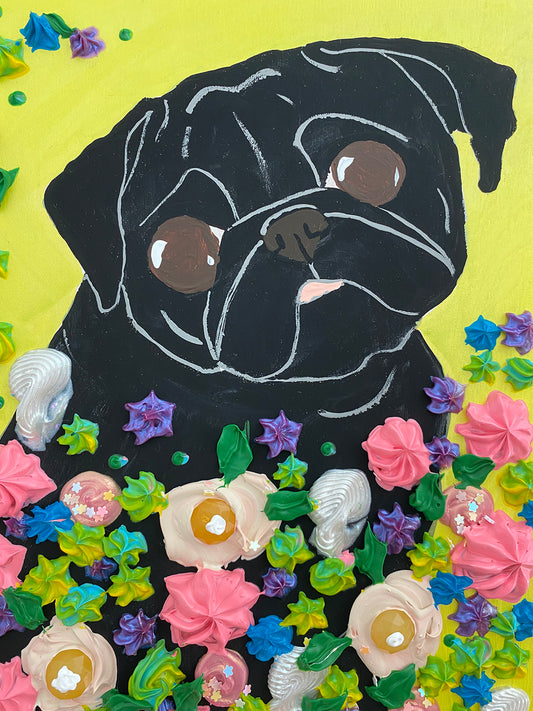 In The Flowers - Original Pug Painting