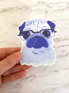 Blue Glasses Pug Vinyl Sticker