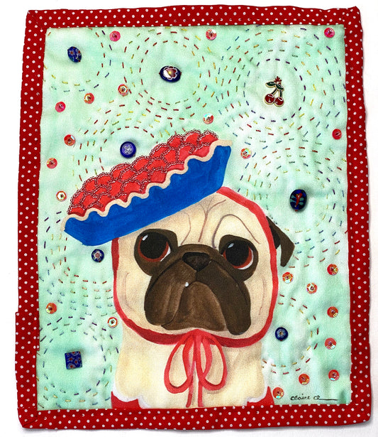 Cherry Pie - Original Pug Textile Art