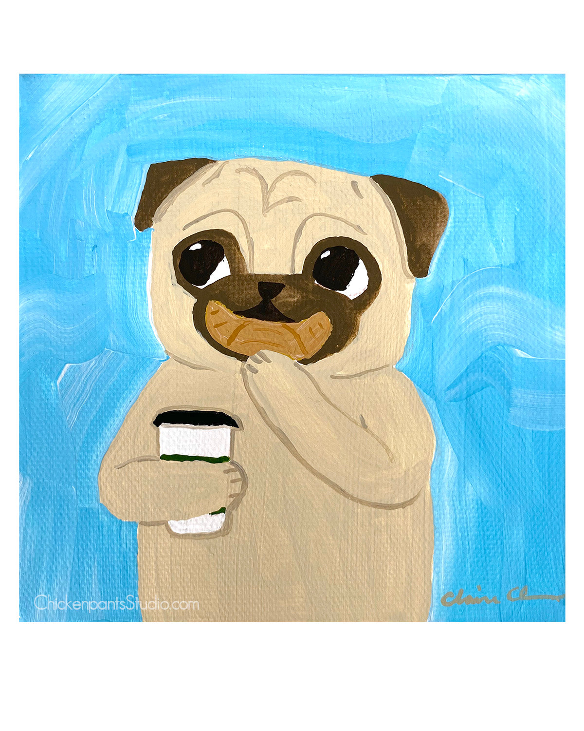 Coffee & Croissant -  Pug Art Print