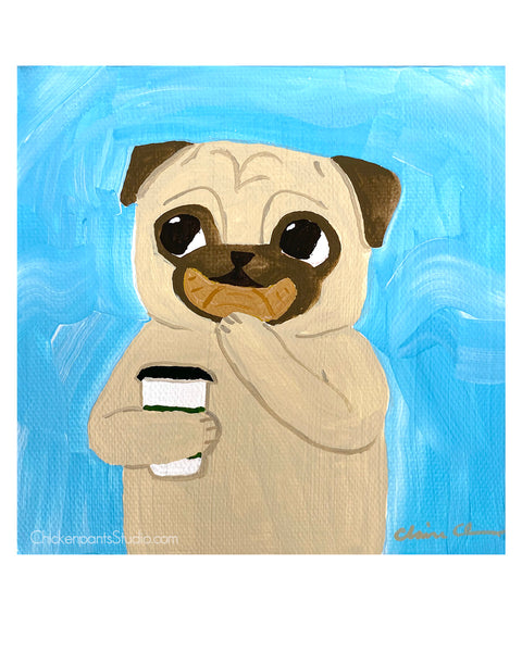 Coffee & Croissant -  Pug Art Print