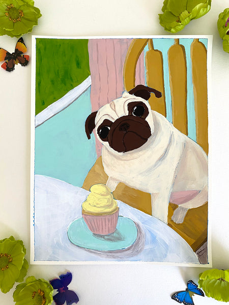 Still Life With Cupcake - Original Pug Painting