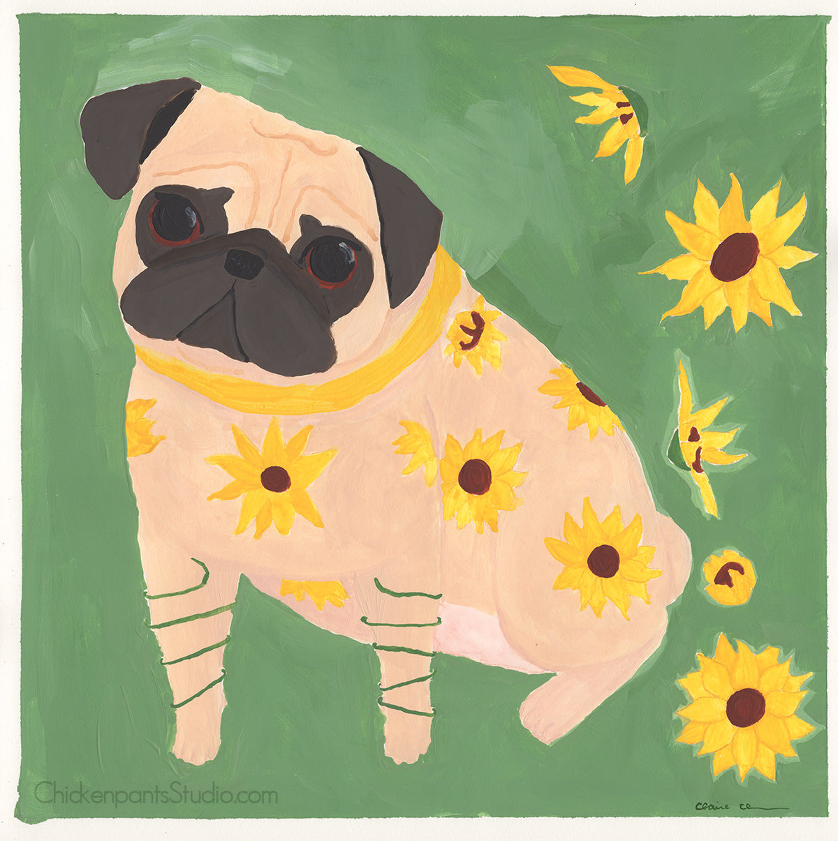 Sunflowers - Original Pug Painting