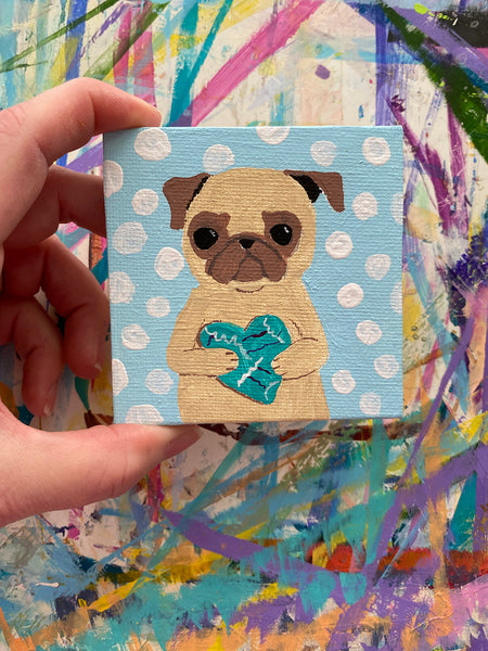 Turquoise Heart - Original Miniature Pug Painting
