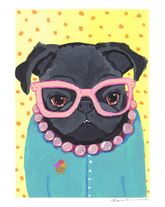 Edna, Pug Librarian - Black Pug Art Print