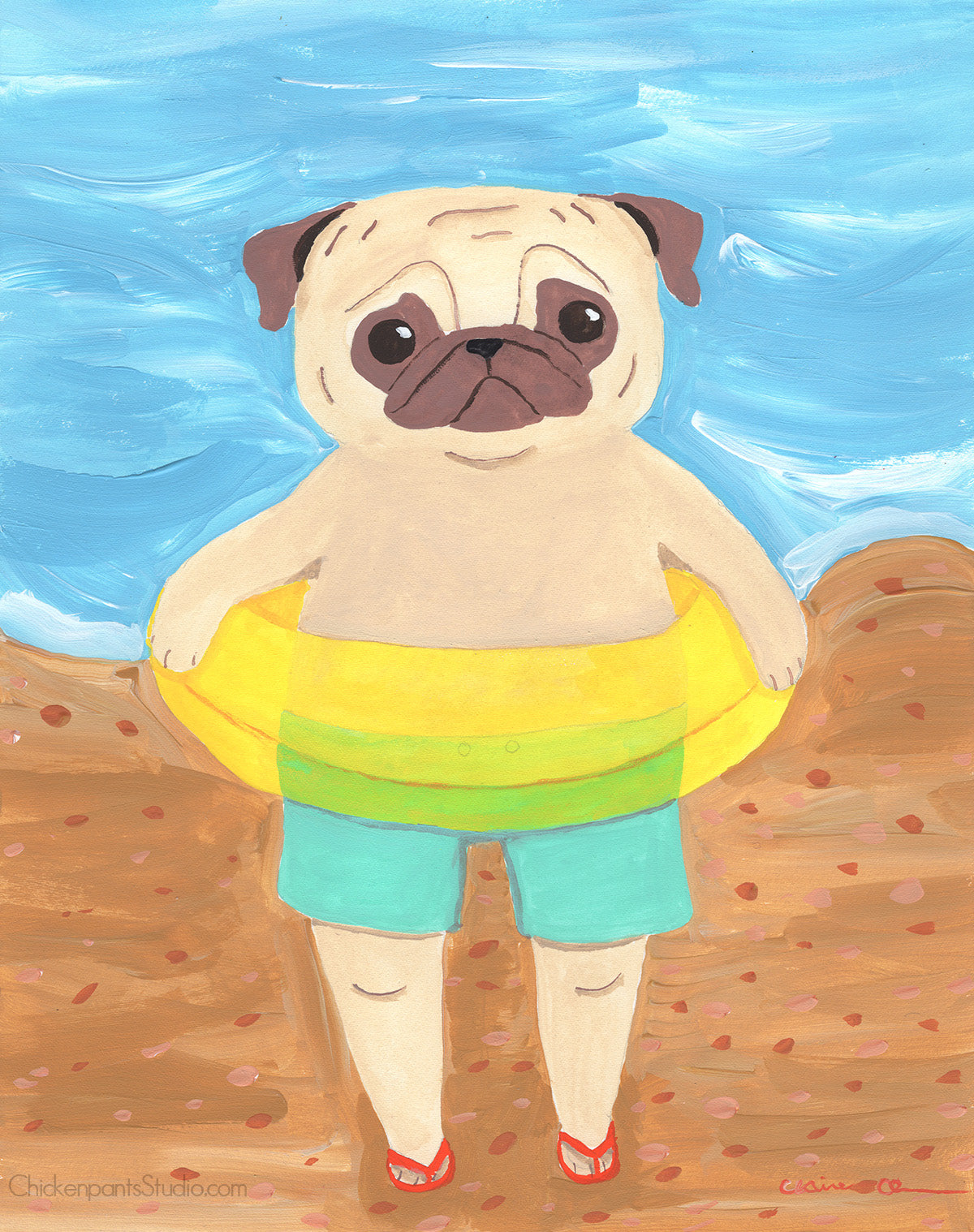 Going Swimming - Original Pug Painting