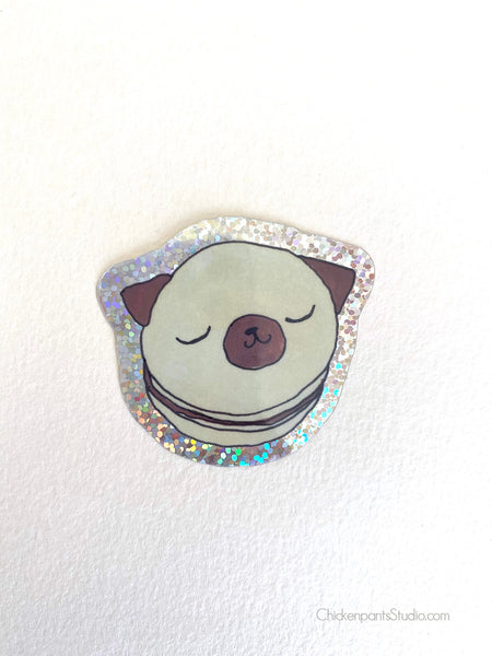 Pug Macaron - Holographic Glitter Pug Vinyl Sticker