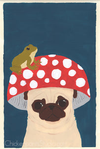 Mushroom & Frog & Pug - Original Pug Painting