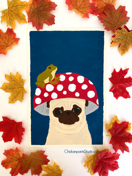 Mushroom & Frog & Pug - Original Pug Painting