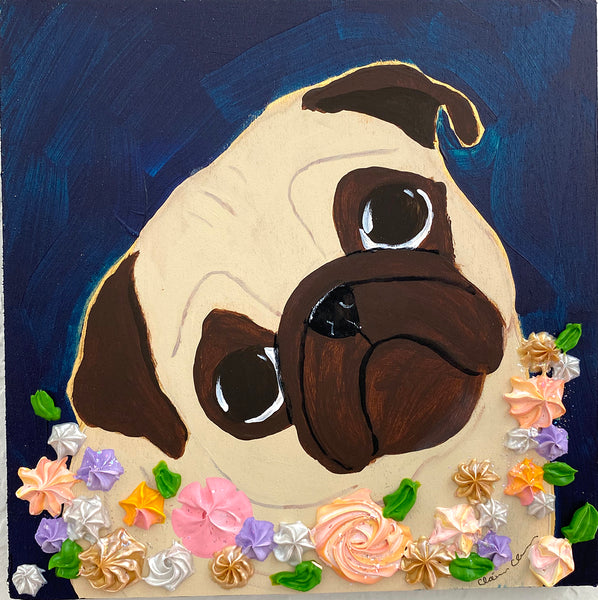 Floral Pug on Navy - Original Pug Painting