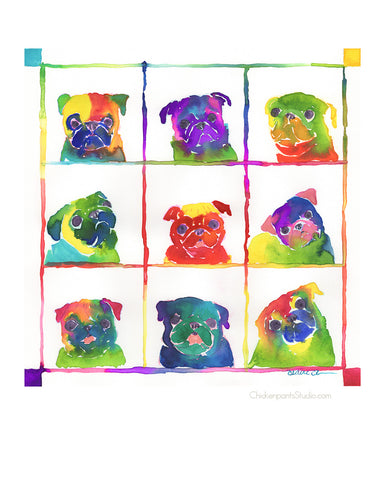 Rainbow Grid -  Pug Art Print