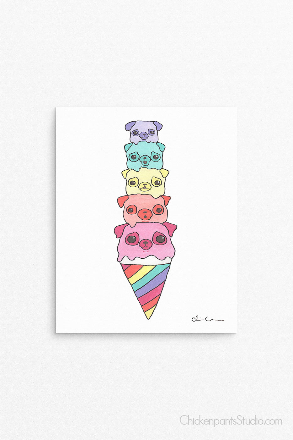Rainbow Ice Cream Pugs Art Print