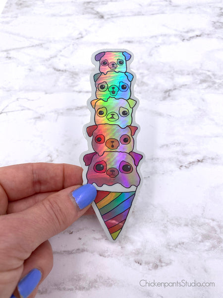 Ice Cream Cone Pugs Holographic Sticker