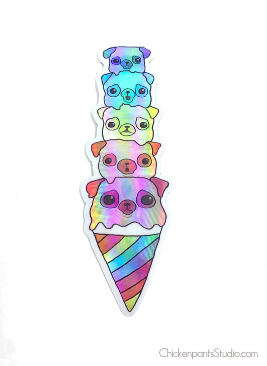 Ice Cream Cone Pugs Holographic Sticker
