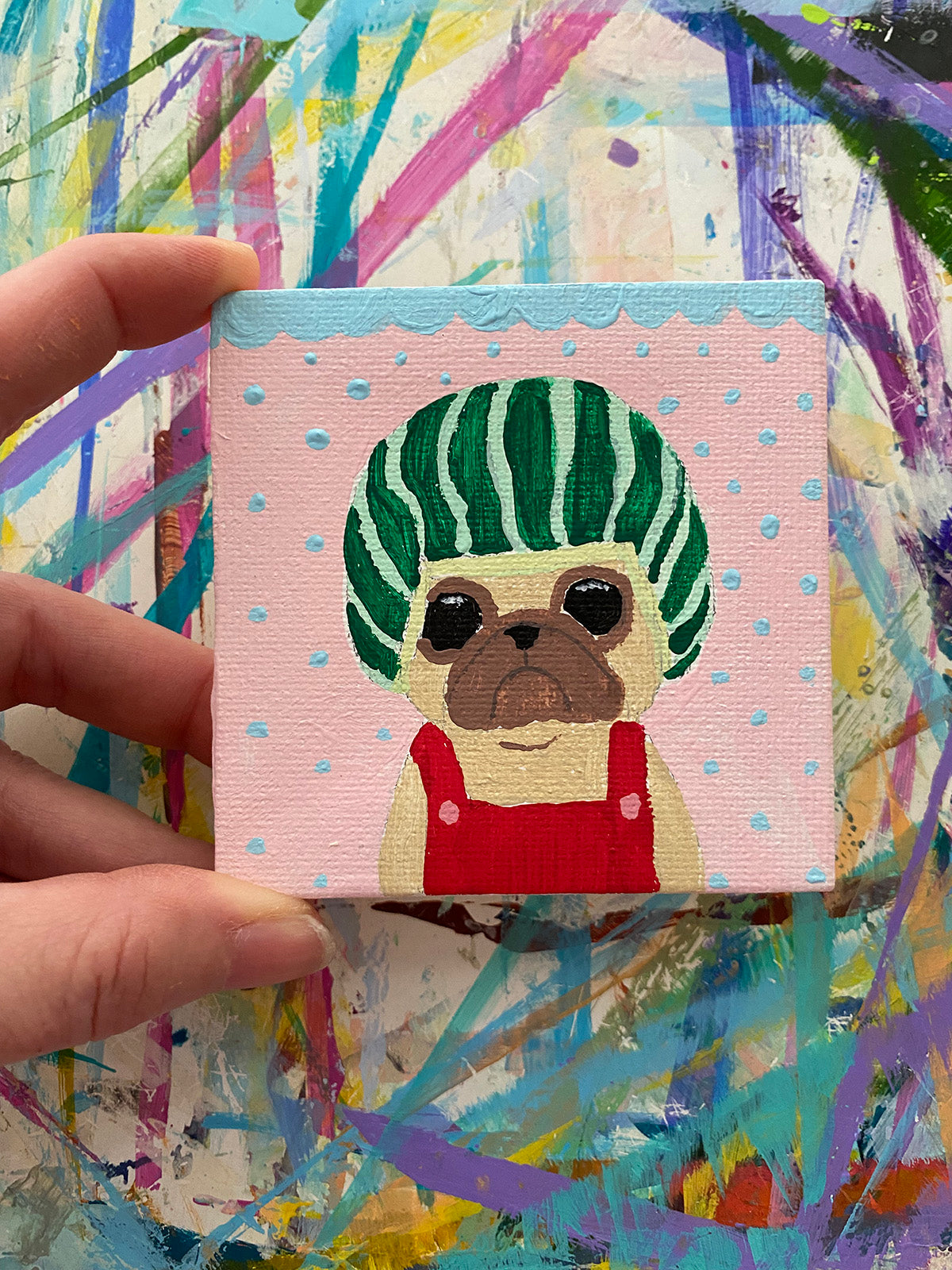 Watermelon Hat - Original Miniature Pug Painting