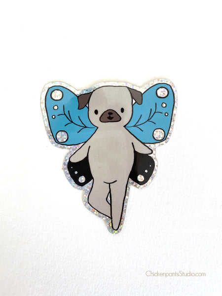 Butterfly Wings Holographic Glitter Pug Sticker